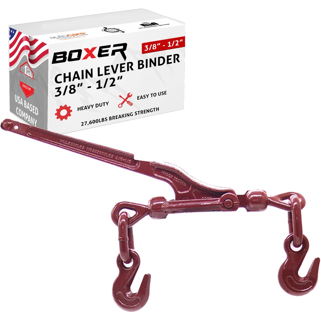 BoxerTool 3/8” – 1/2” Heavy Duty Chain Lever Load Binder with Forged Grab Hooks - Chain Binder Tie Down - 27,600 LBS Breaking Strength
