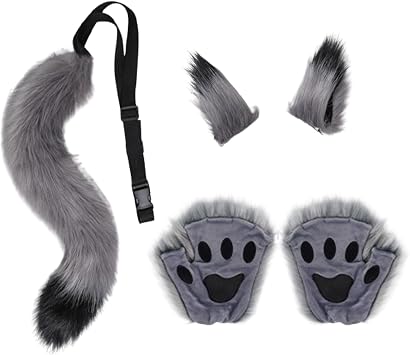 Wolf Fox Tail Hair Clips Ears Gloves Set Halloween Party Werewolf