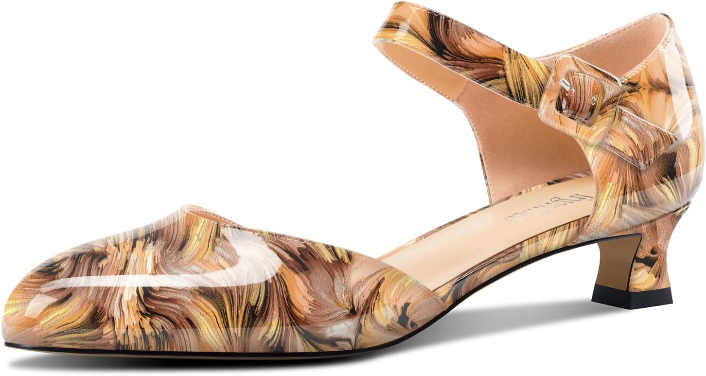 TNYNFBEB Womens Low Kitten Heel Round Toe Pumps Ankle Strap Two-Piece Buckle Prom Dress Patent Leather Summer 1.4 Inches Heels