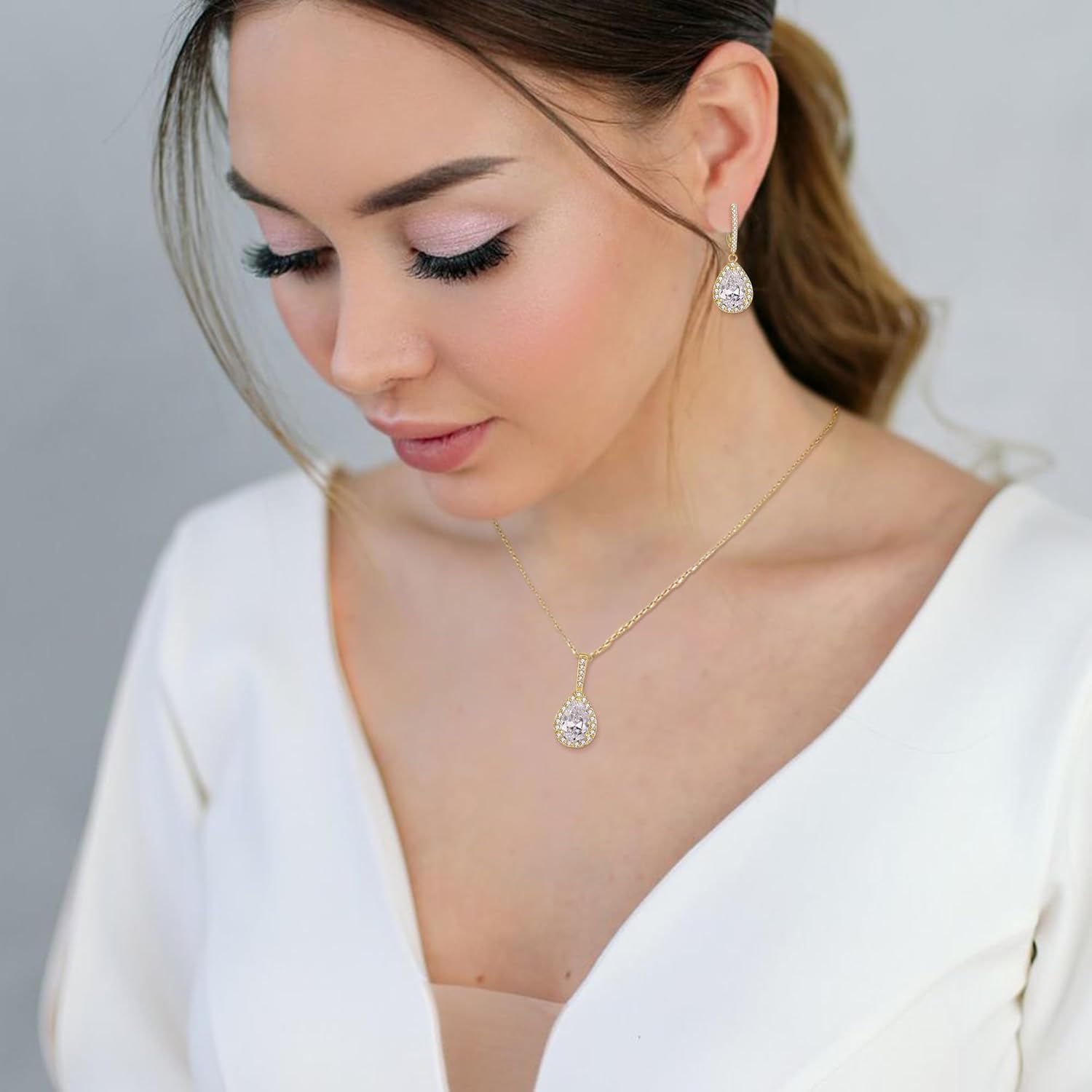 Crysdue Wedding Bridal Teardrop CZ Pendant Necklace Open Ring Dangle Earrings Adjustable Slider Bracelet Jewelry Set, Birthday Mothers Day Christmas Jewellery Gift for Women/Mom/Wife