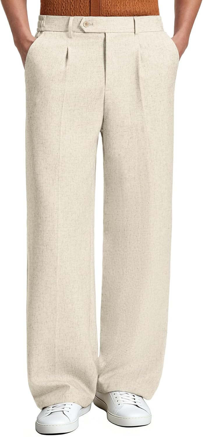 Susclude Mens Linen Casual Dress Pants Old Money Pleated Wide Leg Baggy Vintage Relaxed Fit Slacks Work Office Trousers