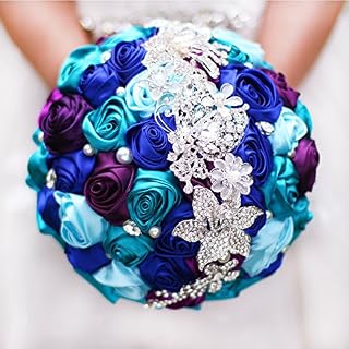 Bride Holding Flowers, Romantic Wedding Colorful Rose Bride 's Bouquet,Purple Pink Bridal Bouquets (Teal Blue Purple)