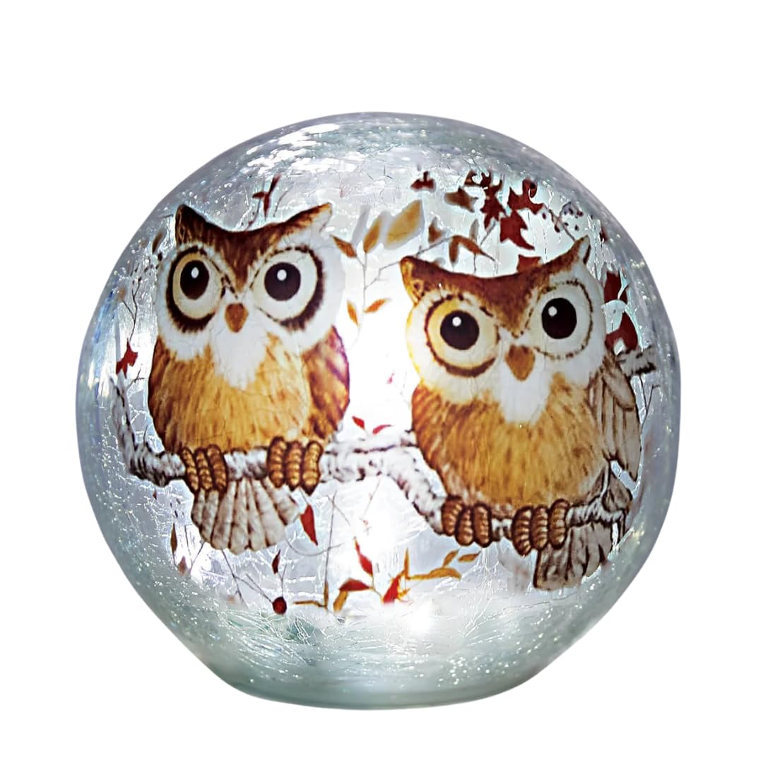 Coopers of Stortford - LED Crackle Glass Owl Lamp with 6 Hour Timer - Battery Operated Decorative Light Globe - Stained Glass Style Ornament for Owl Lovers