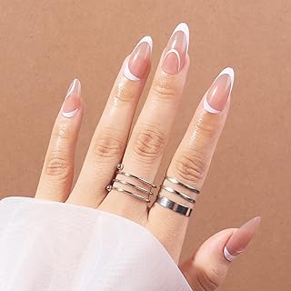 24 PCS White Line Press on Nails Medium Fake Nails Geometric Line Fake Nails French Fake Nails Wearable Fake Nails DIY Fake Nails Acrylic Full Coverage Fake Nails Gifts for Women and Girls