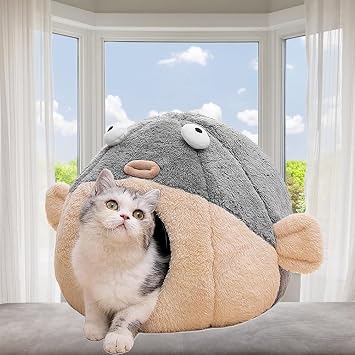 Cat Beds for Indoor Cats-19.7Cute Pufferfish Larger Cat Cave Bed,Grey XL