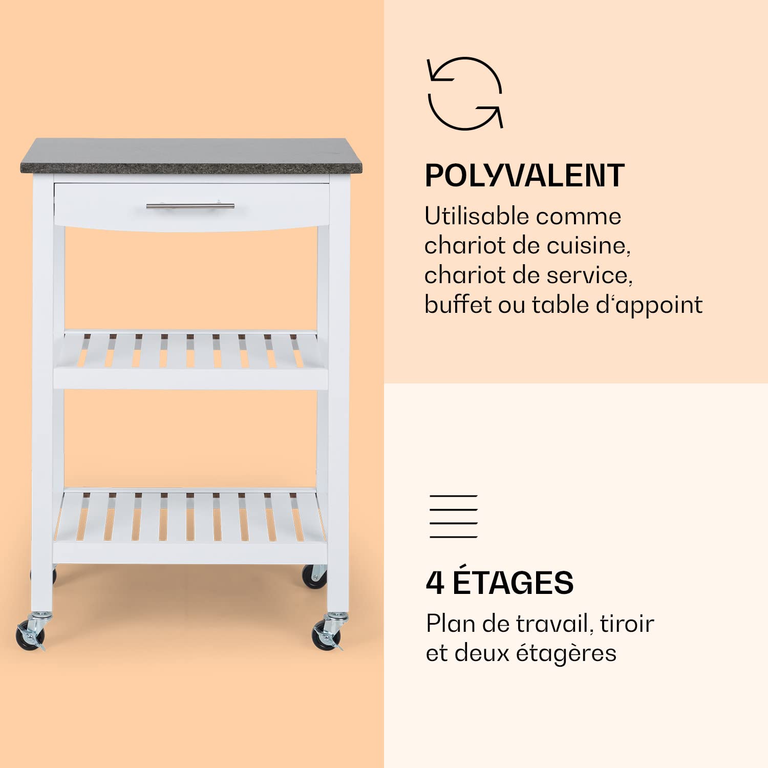 KLARSTEIN Desserte à Roulettes, Chariot de Rangement et Service sur Roulettes, Desserte Cuisine et Bar, Petite Etagere de Rangement pour Fruits et Légumes, Dessertes en Bois, Meuble Cuisine Rangement,