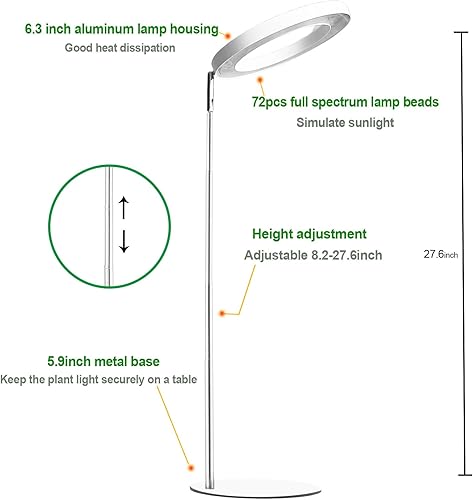 Miniatura 5 de yadoker 72 luces LED de espectro completo para plantas de interior, altura ajustable, carcasa de aluminio de 6.3 pulgadas, temporizador automático