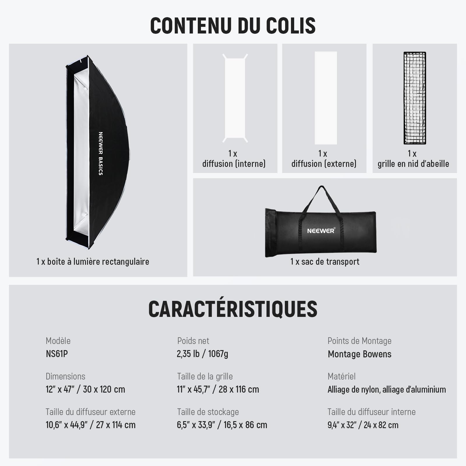 NEEWER Boîte Lumière Allongée Monture Bowens Ouverture Rapide,NS61P