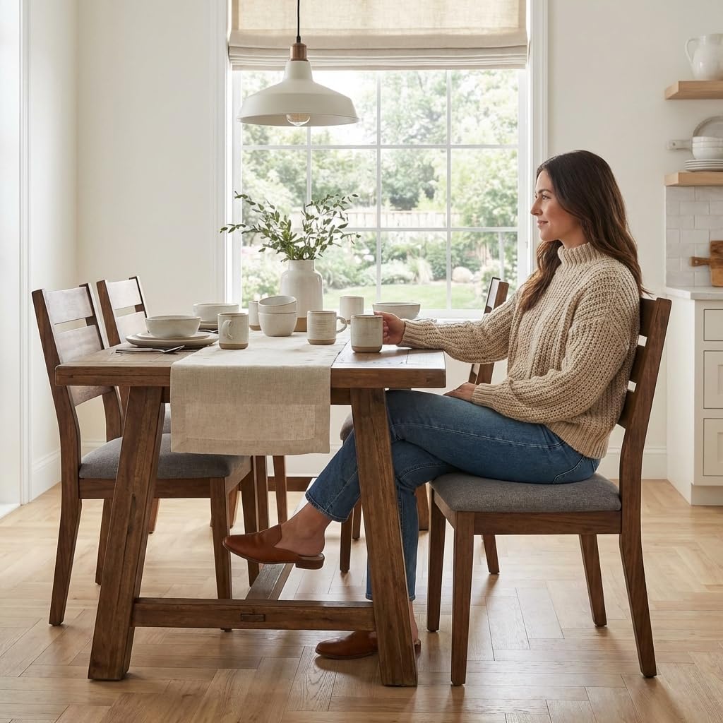 4-Piece Rustic Farmhouse Dining Chairs, Wood Dining Chairs, Solid Wood Frame Kitchen Table Chairs with Gray Fabric Cushion, Upholstered Accent Chair for Dining Room Living Room, Walnut Finish