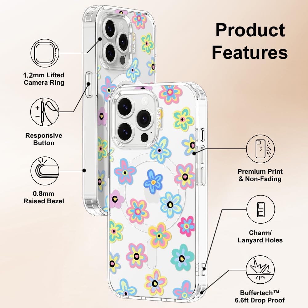 MOSNOVO Case for iPhone 14 Pro Max, [Compatible with Magsafe] [Buffertech 6.6ft Military-Grade Drop Protection] [Anti Peel Off Tech] Clear Phone Case Design - Groovy Flower - Image 7
