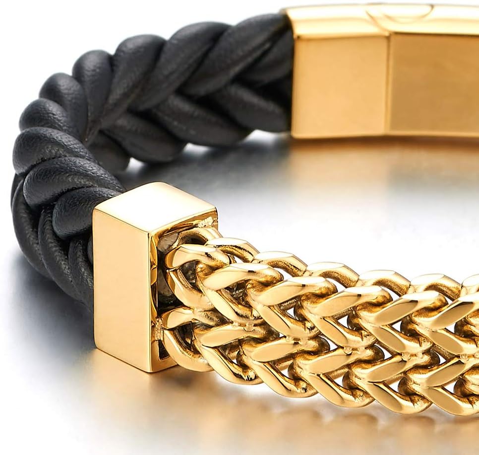 COOLSTEELANDBEYOND New Men Steel Gold Color Franco Box Chain Black Genuine Braided Leather Bracelet with Magnetic Clasp - Image 3