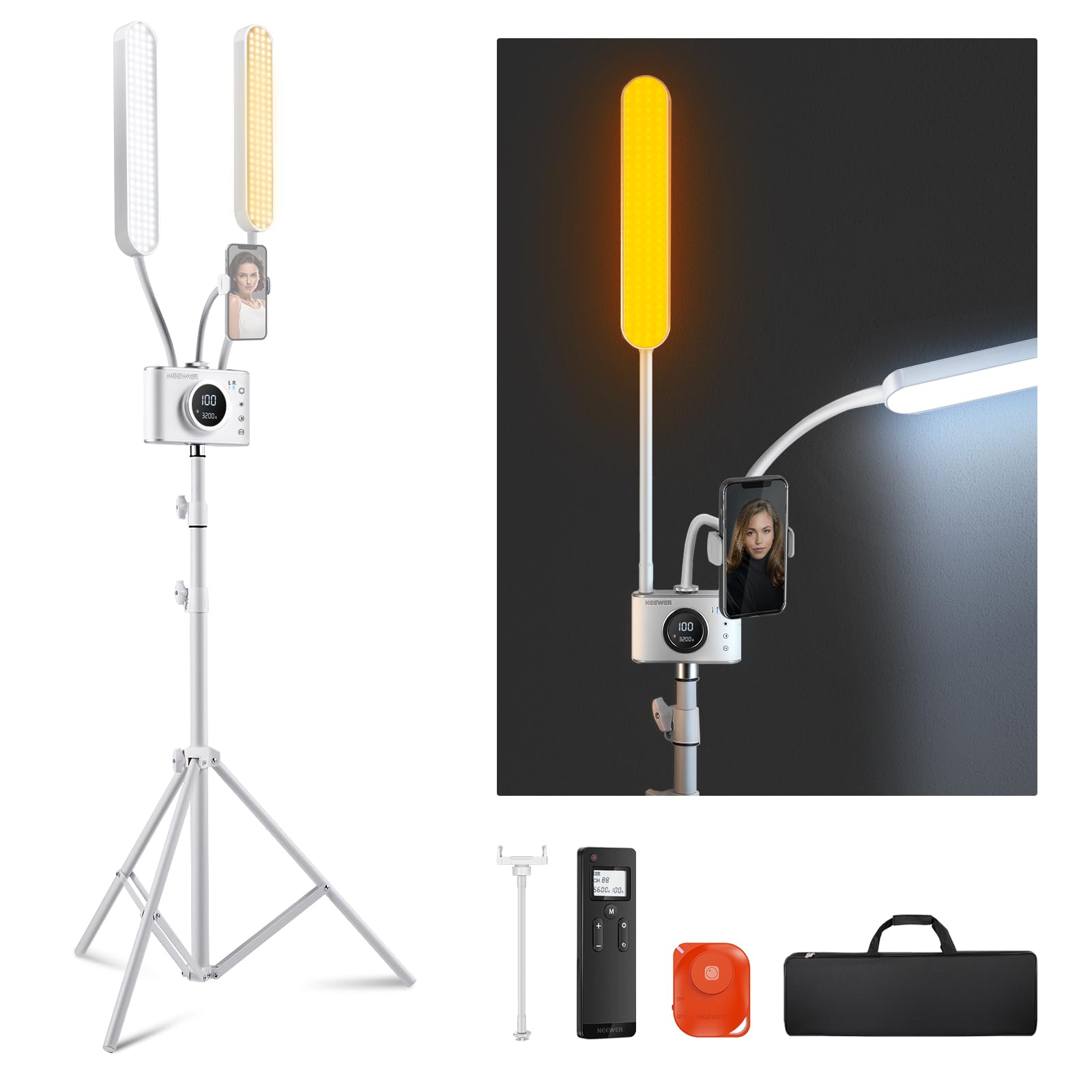 Neewer Beautician Light with Phone Holder and Travel Bag Set, LED Photo Light with 2.4G/PC/Mac and Separate Control of 2 Light Poles, CRI98 , Tattoo/Beauty Lighting Neewer Beautician Light with Phone Holder and Travel Bag Set, LED Photo Light with 2.4G/PC/Mac and Separate Control of 2 Light Poles, CRI98 , Tattoo/Beauty Lighting