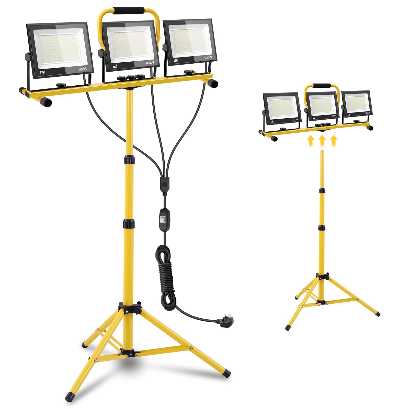 LED Work Light 300W with Tripod, Triple Heads LED Floodlight 30000LM 6500K, IP66 Waterproof Work Lights with Telescopic Tripod, Plug 3 m Cable, 360° Rotation for Workshop, Construction Site, Garage