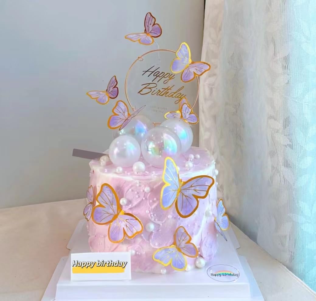 20Pcs Butterfly Cake Decorations with Happy Birthday Metal Gold Acrylic Cake Toppers,10Pcs Pearl Bubble Balls,3D Butterflies Decor for Baby Shower Wedding Birthdays, Butterfly Party Decorations Crafts