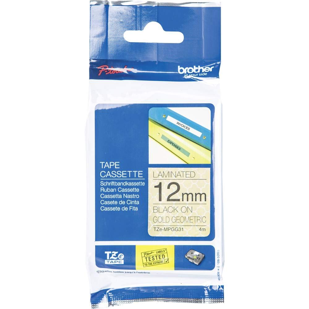 Brother TZEMPGG31 Nastro Laminato Da 12 Mm Scritta Nera Su Motivo Geometrico Oro (4M)-image