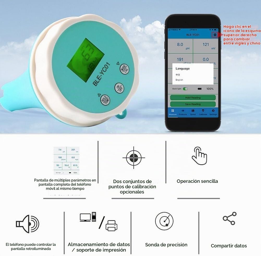 Probador de calidad del agua de la piscina Monitor de piscina Bluetooth Cloro de temperatura digital, termómetro de piscina 6 en 1, temperatura PH CL EC TDS ORP for piscina, acuario, laboratorio