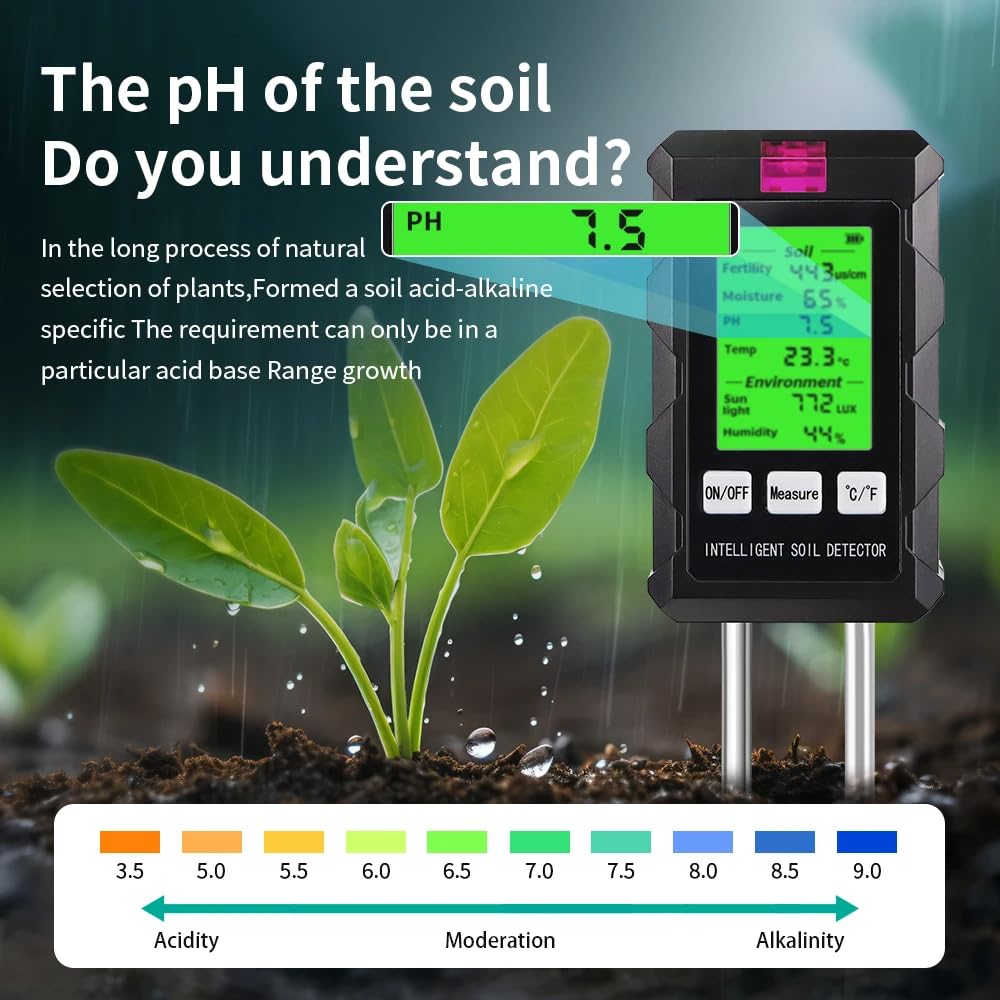 DollaTek Misuratore di terreno 6 in 1 Misuratore di umidità fertilità del suolo pH temperatura luce ambientale e umidità con schermo illuminato HD per la coltivazione di piante in giardinaggio