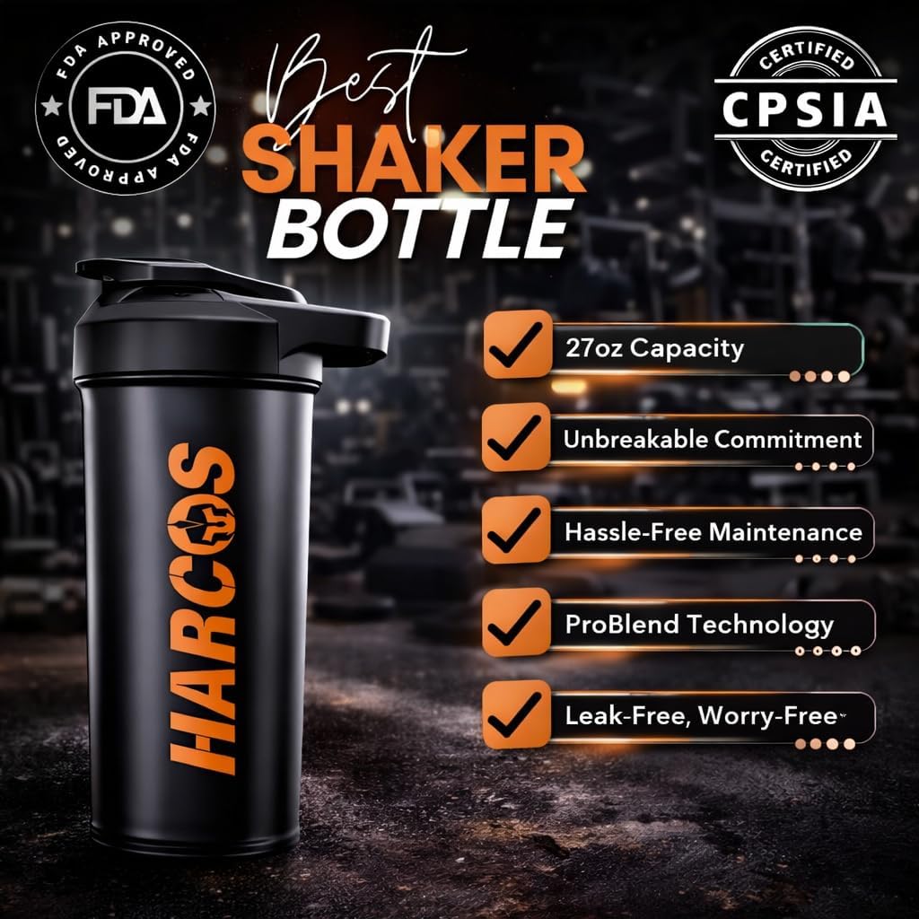 Harcos Protein Shaker Bottle 27oz – Made in USA | Leak-Proof Shaker Cup with Mixing cap| BPA-Free & Dishwasher Safe For Protein Shakes, Pre-Workout | 1,2,4 Pack (Pack Of 1 (Black with White Cap))