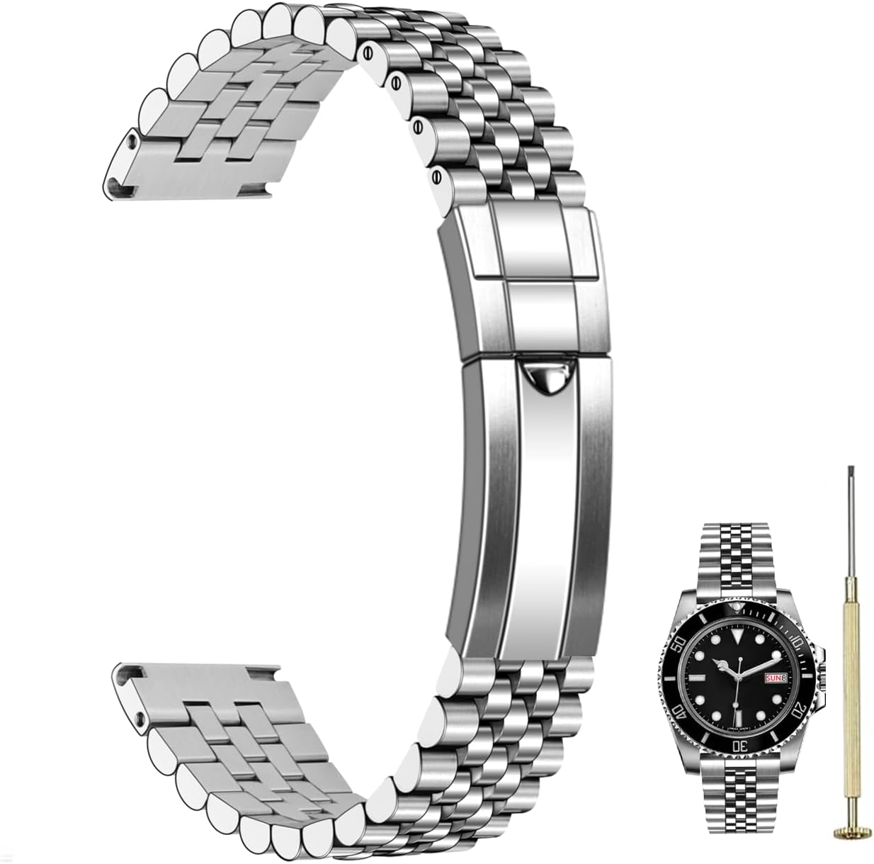 20mm 22mm Stainless Steel Watch Band with Solid Diving Clasp, Screw-In Metal Quick Release Jubilee Watch Bands Bracelet Silver Polished Matte Brushed Watch Strap for Men Women