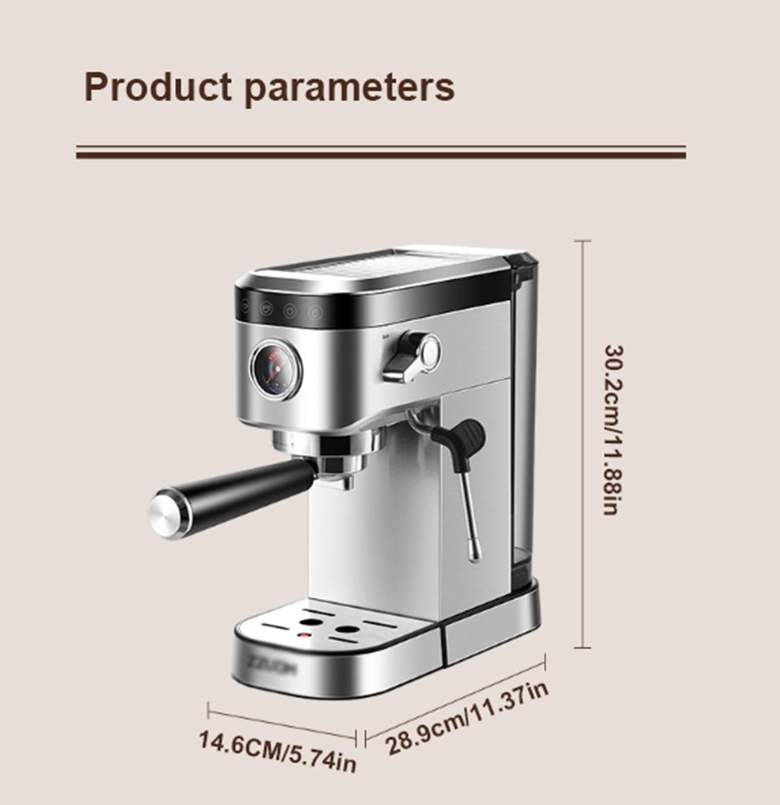 Cafetera Espresso Profesional de 20 Bares, Cafetera Espresso de Acero Inoxidable con Varilla de Vapor Espumador de Leche y Manómetro, Cafetera Compacta