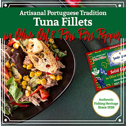 Image of Santo Amaro - Artisanal Wild Tuna Fillets in Olive Oil & Red Piri Piri Pepper, Pole & Line Caught Tuna from Portugal, Hand-Packed Beira-Style Canned Tuna Fish, 22g Protein Keto, Low Mercury, Pack of 6