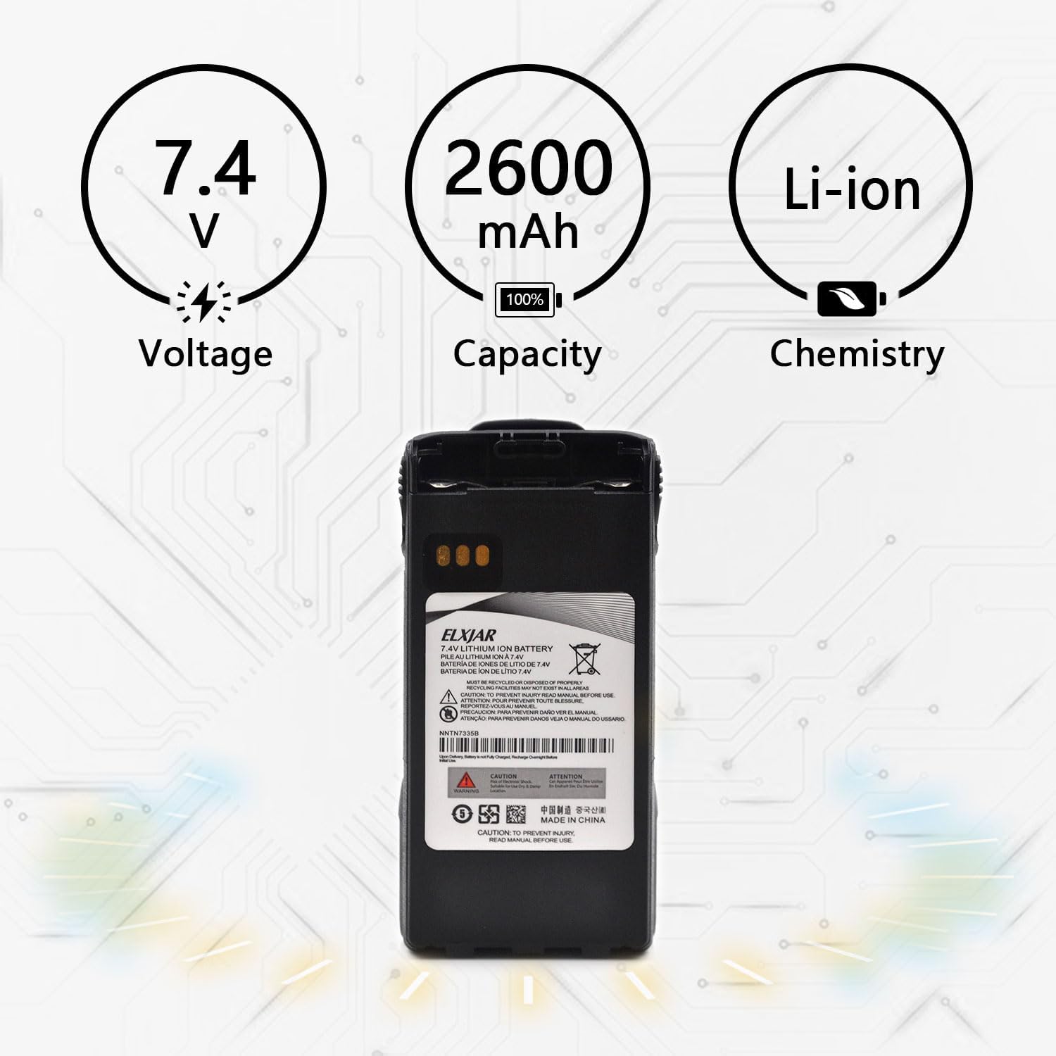 (2-Pack) 7.4V 2600mAh Li-ion Battery Replacement for Motorola NNTN7335 NTN9858 NTN9815 NTN9815A NTN9851AR NTN9851B, Compatible with XTS1500 XTS2500 PR1500 MT1500 Radios - Image 3