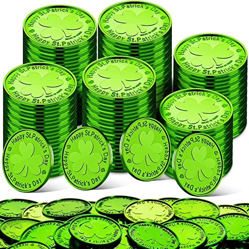 Civaner 200 Pieces St. Patrick's Day Coins Small Plastic Coins Shamrock Coins Plastic Lucky Shamrock Coins Table Sprinkles for Party Supplies St. Patrick's Day Decor (Green)