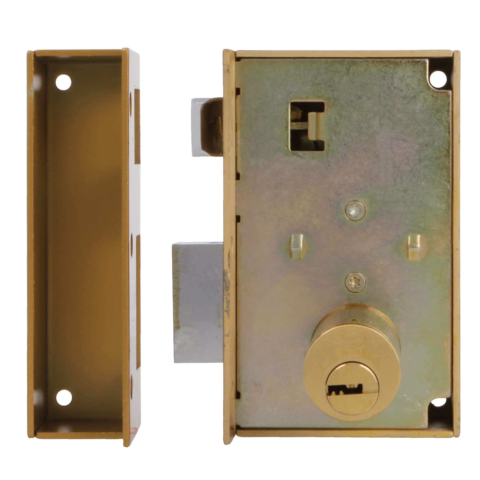 Amig - Verrou de suralimentation droite avec levier de fermeture, languette et poignée pour porte en bois Mod. 75 | 67 x 112 mm | Cylindre rond de sécurité | Acier doré