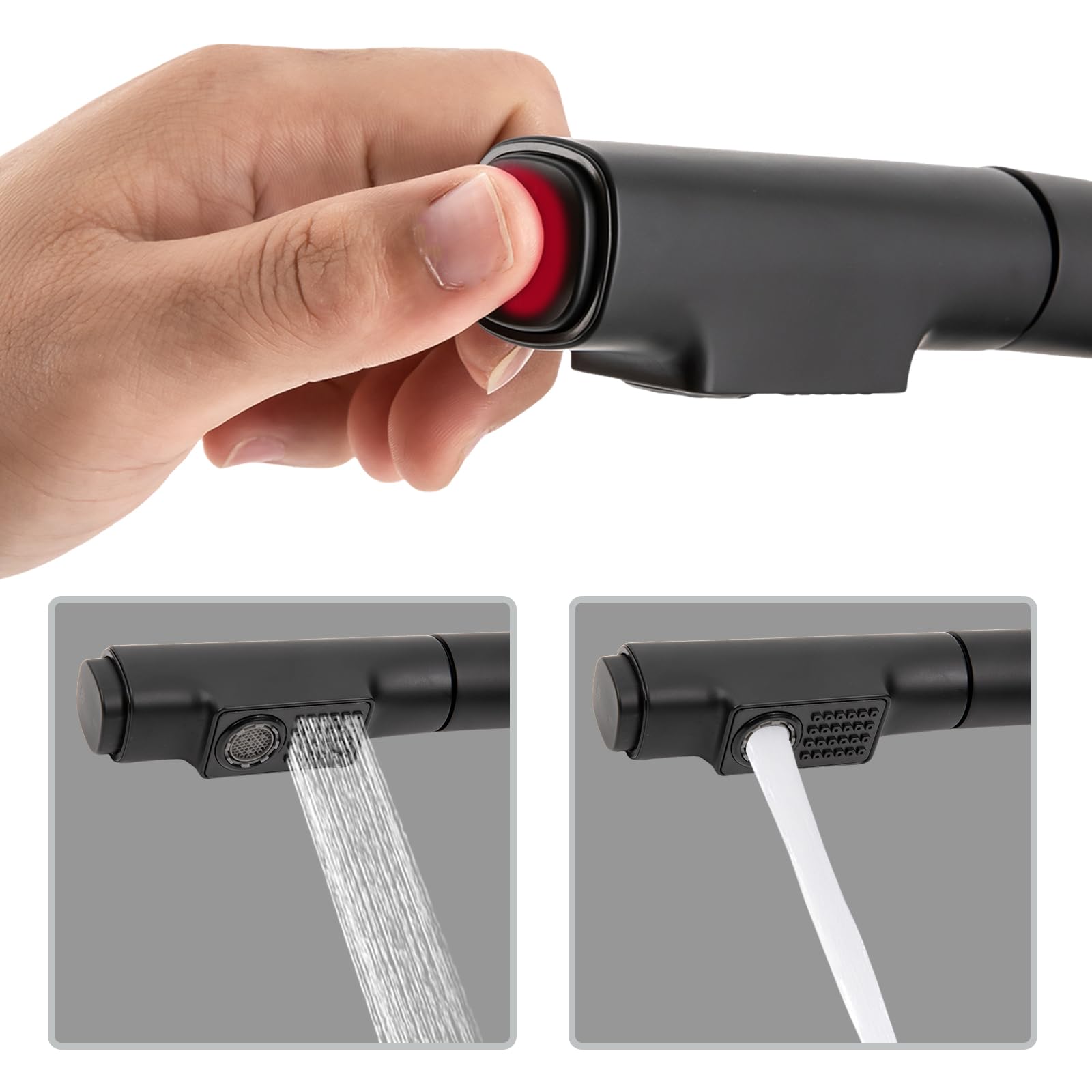 Grifo extensible para fregadero de cocina con indicador digital de temperatura, giratorio de 360 grados, extensible y con alcachofa extraíble (negro)