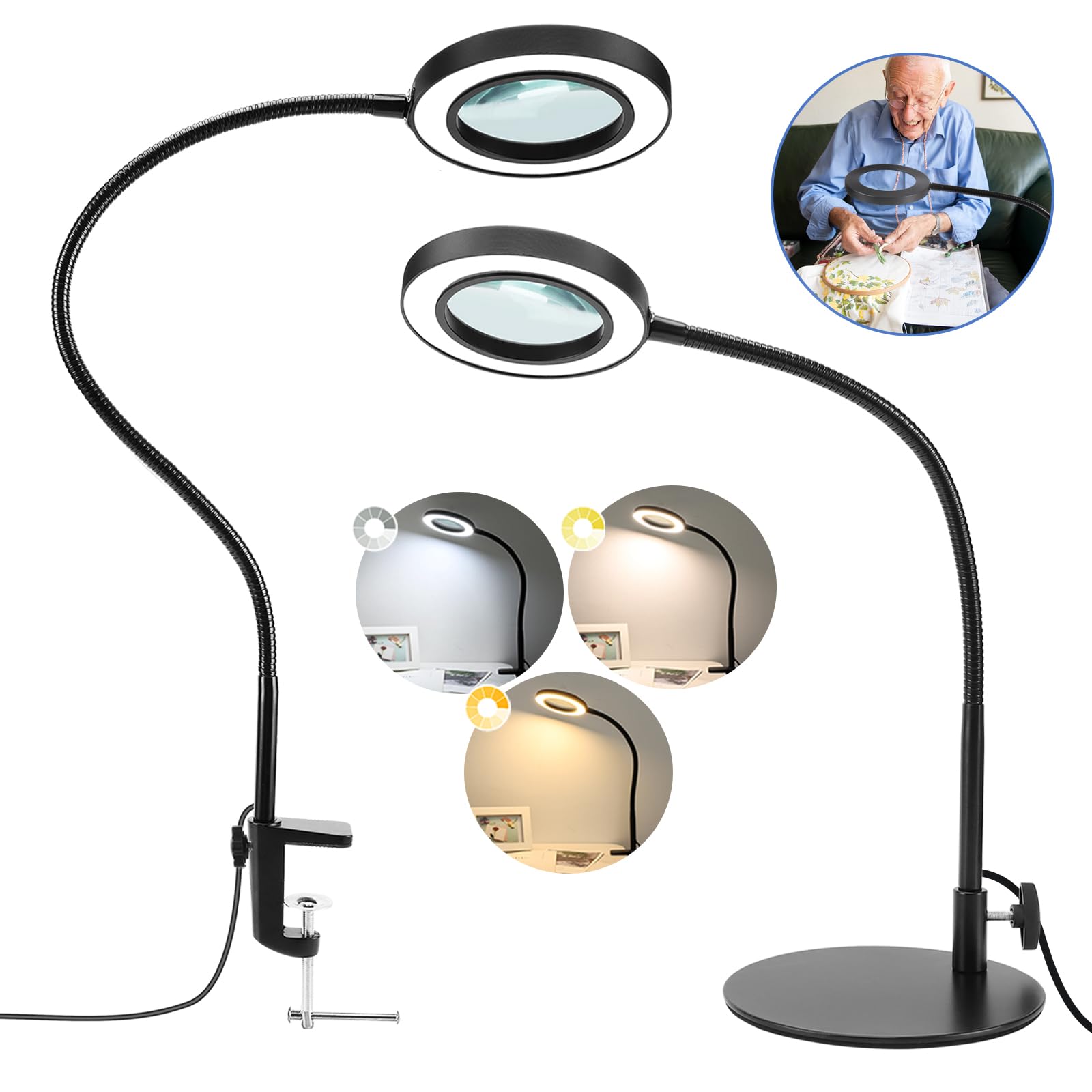 Loupe avec lumière et Support, Tobegiga Lampe de Bureau à col de Cygne Flexible 2-en-1 avec Pince, 3 Modes de Couleur, Loupe éclairée réglable en continu, Mains Libres pour l'artisanat, la Peinture