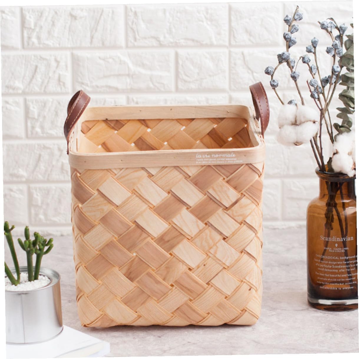 BESPORTBLE Woven Double-layer Wood Chip Basket with Leather Handles Large Storage Basket Laundry Hamper Home Decorative Organizer for Blankets and Clothes