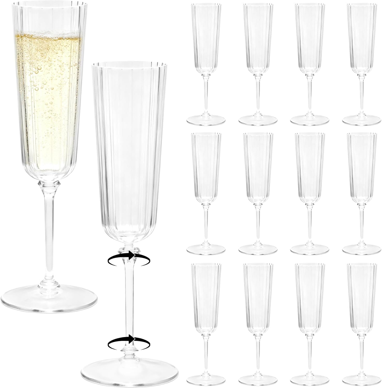 48 Pack Clear Champagne Flutes Plastic, 6oz Stripe Detachable Acrylic Champagne Glasses, Disposable Cocktail Drinking Cups, Reusable Wine Flutes, Cocktail Toasting Glasses for Wedding, Party