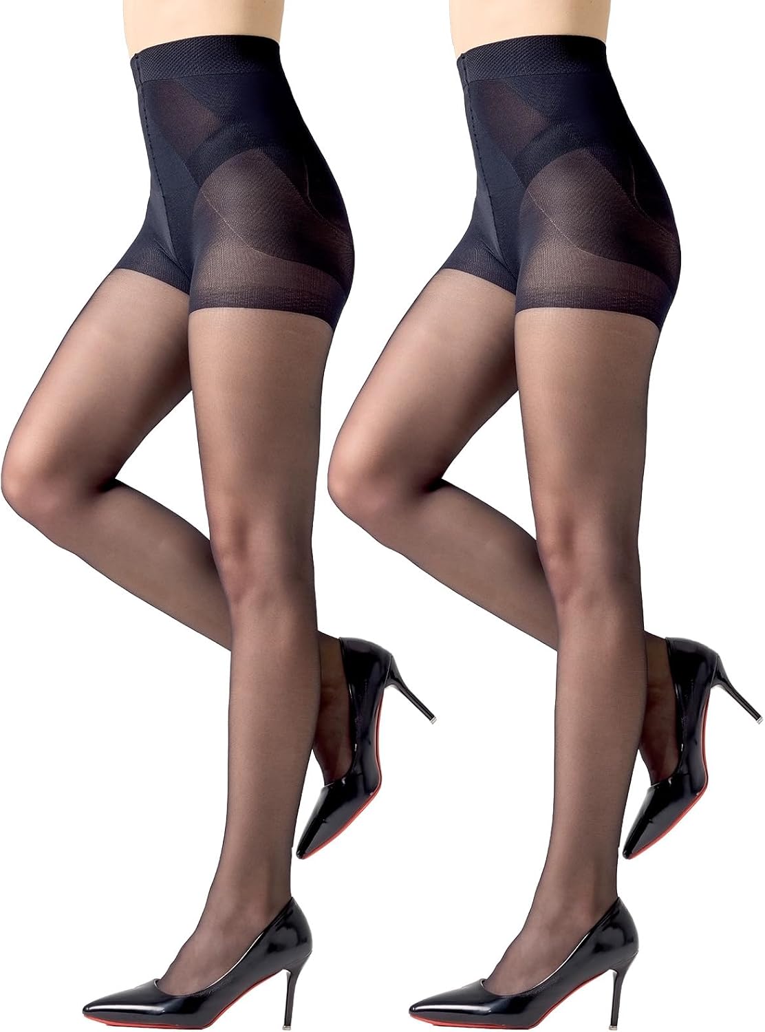 2 Pairs Women's Control Top Pantyhose Shaping Sheer Tights Tummy Control Support Stockings 20 Denier Nylons