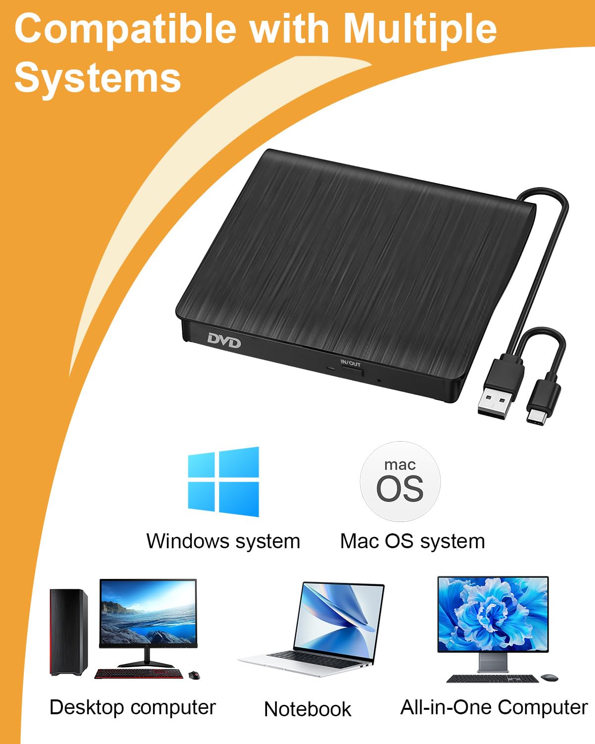 External CD DVD Drive USB Portable Tray Loading Optical Drive DVD-ROM CD-ROM Reader for Laptop Desktop All-in-One Computer Compatible with Windows and Mac OS Black Brushed Dual Cable Design — view 6