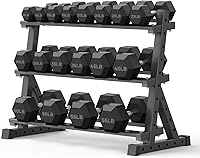 PAPABABE 570LB Hex Dumbbell Set with 3-Tier Rack - Rubber Encased Weights 10-55lbs Pairs for Home Gym Strength Training