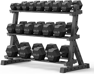 PAPABABE 570LB Hex Dumbbell Set with 3-Tier Rack - Rubber Encased Weights 10-55lbs Pairs for Home Gym Strength Training