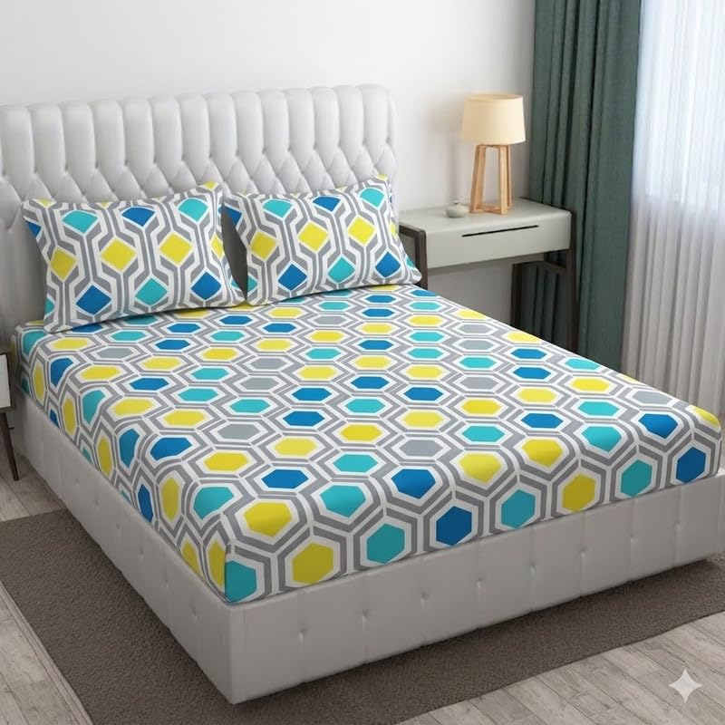 Image of Cotton Bolls Textiles Glace Cotton Fitted Bedsheet 72x72x6 Inch with 2 Pillow Covers - Soft Breathable Fabric, Elastic All Around, Printed Bedding for Double Bed