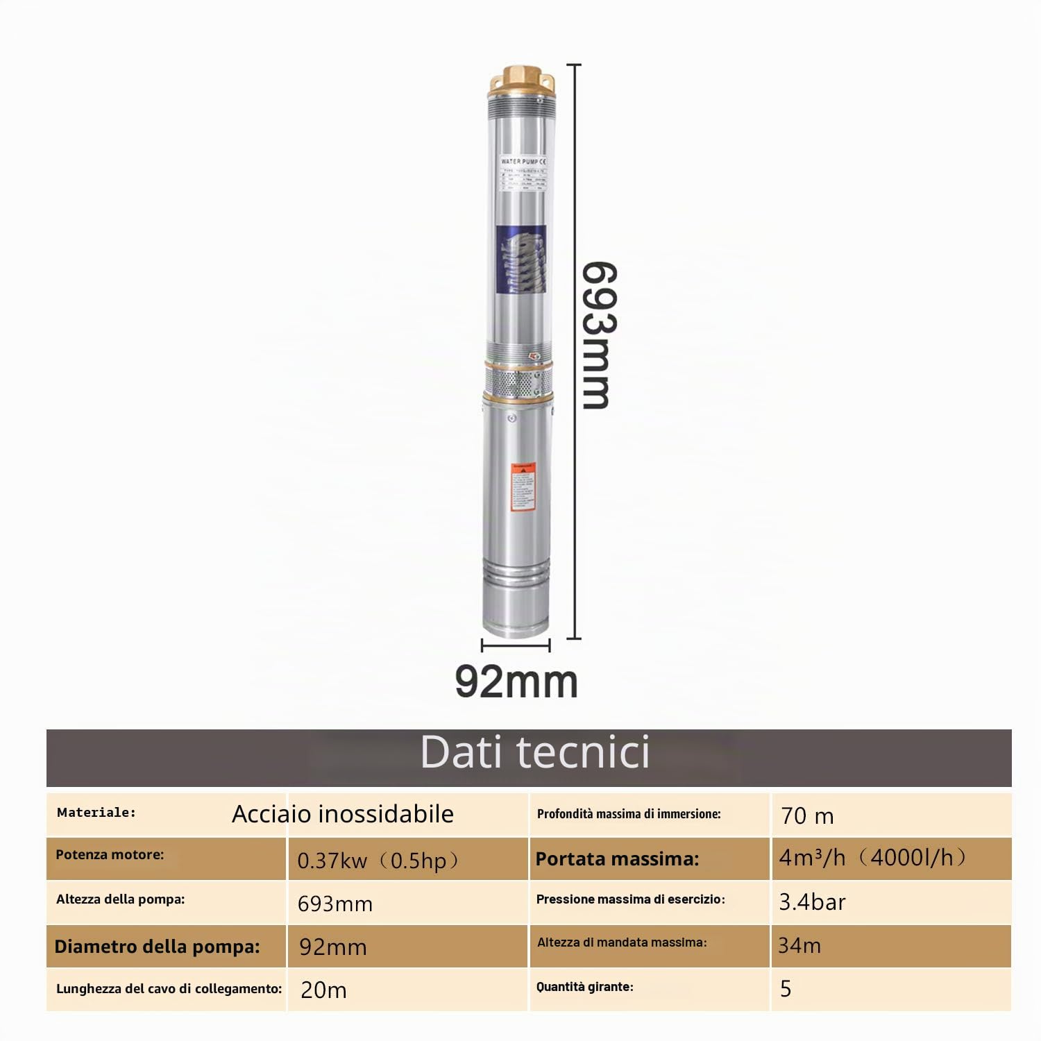 Gimisgu Pompa per pozzo profondo con portata di 4000 l/h, pompa dell'acqua in acciaio inox, prevalenza massima 34 m con cavo da 20 m, pompa a pressione sommersa 3,4 bar, compatibile con la sabbia