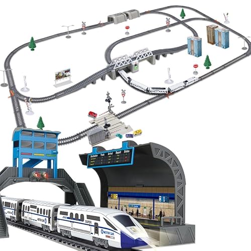 Homilius 電車 鉄道 建設 レールセット 連結 特急 列車 プレミアム おもちゃ 鉄道セット シティ ルーピング 情景いっぱい 発車ステーション 駅前 鉄道橋 トンネル 建物 交通標識 組み立て 知育玩具 STEM学習 脳トレ 観察力 思考力 空間