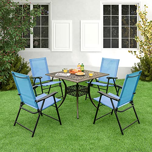 Tangkula Set Of 4 Patio Folding Chairs, Portable Sling Back Chairs With Armrests And Metal Frame, Outdoor Dining Chairs For Deck, Backyard, Poolside And Camping (Blue) #TOP1