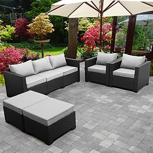 Rattaner Outdoor Wicker Furniture Couch Set 5 Pieces, Patio Furniture Sectional Sofa With Grey Cushions And Furniture Covers #TOP1