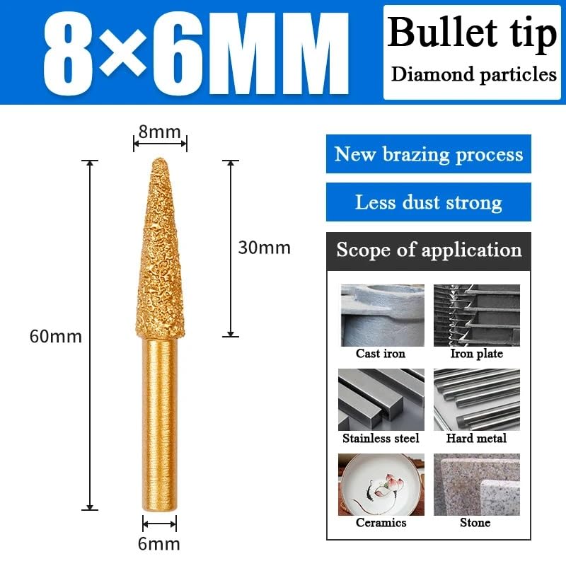 MiJunHD Diamond Brazed Grinding Head 8mm Pointed Type,6mm Round Handle Coarse Grit Polish Burr Drill Bit for Wood Stone Carving Metal Sanding - Image 2