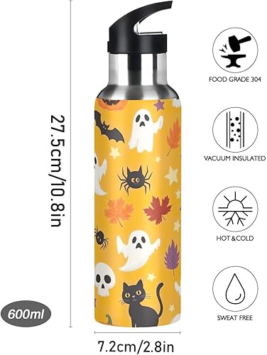 Miniatura 9 de Stainless Steel Vacuum Insulated Water Bottle 32 Oz, Leakproof Water Bottles for Gym Outdoor Travel School, Cute Halloween Orange