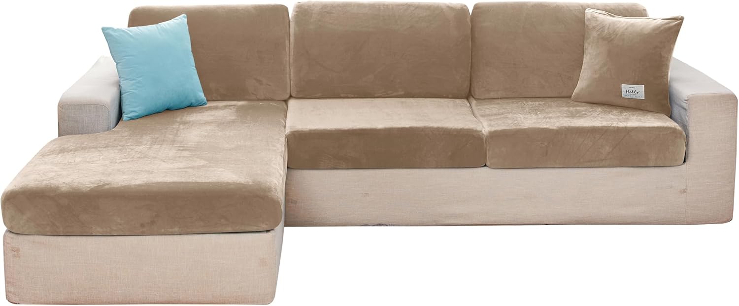 Deisy Dee 6 Pieces Sectional Washable Couch Cover - Velvet L Shape Sectional Sofa Slipcover for Both Left/Right Couch (Camel#3)