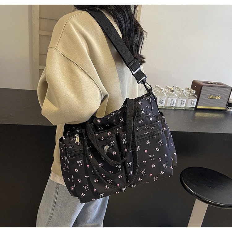 Women’s Bow Print Tote Bag With Multi Pocket,Cute Kawaii Crossbody Bag,Large Capacity Bow Shoulder Purse Handbag Bag3