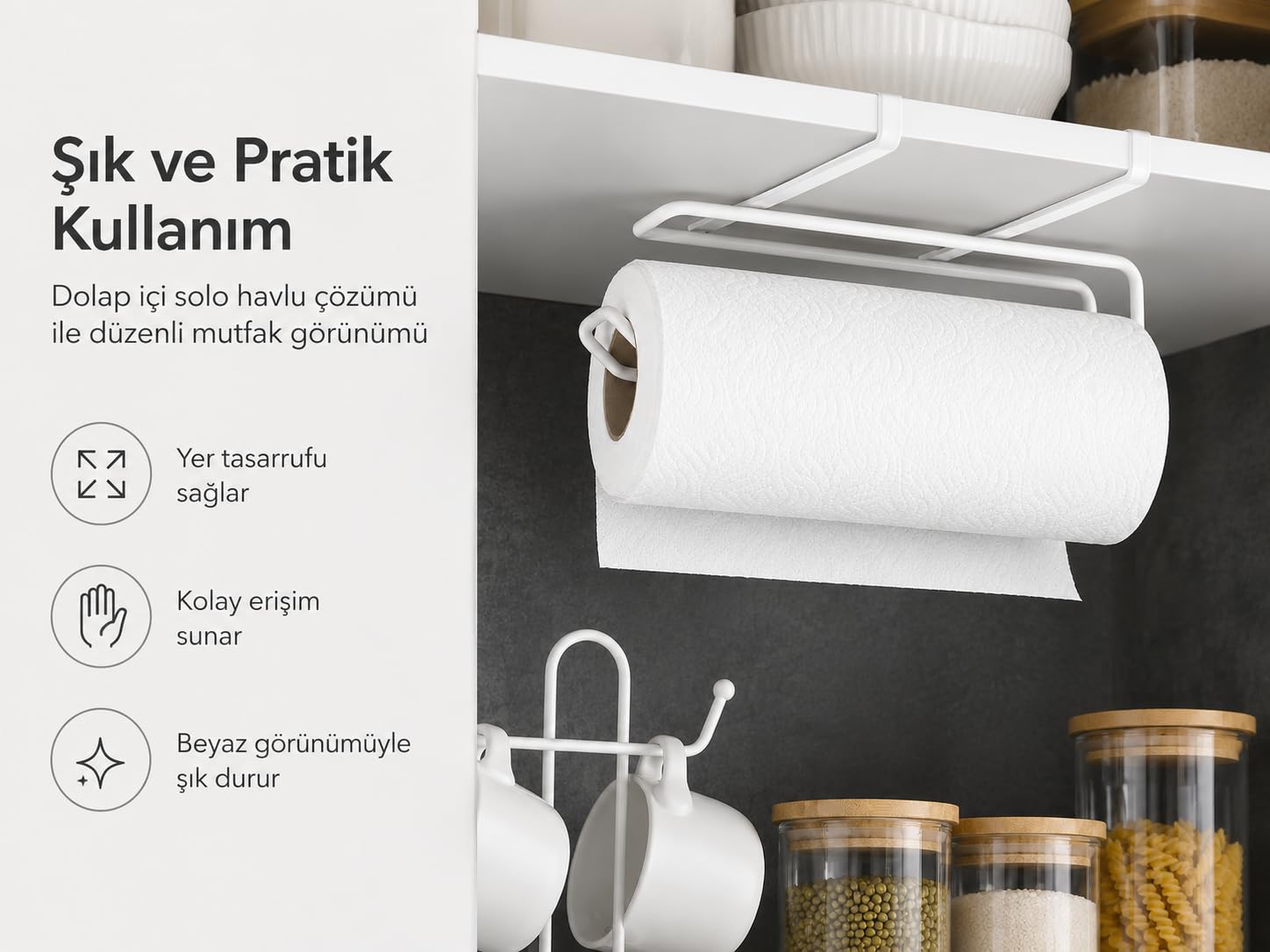 Alper Banyo BPratik Solo Havluluk Beyaz, Dolap Altı Kağıt Havlu Tutucu, Delmeden Montajlı Mutfak Rulo Havluluk, Askılı Metal Düzenleyici