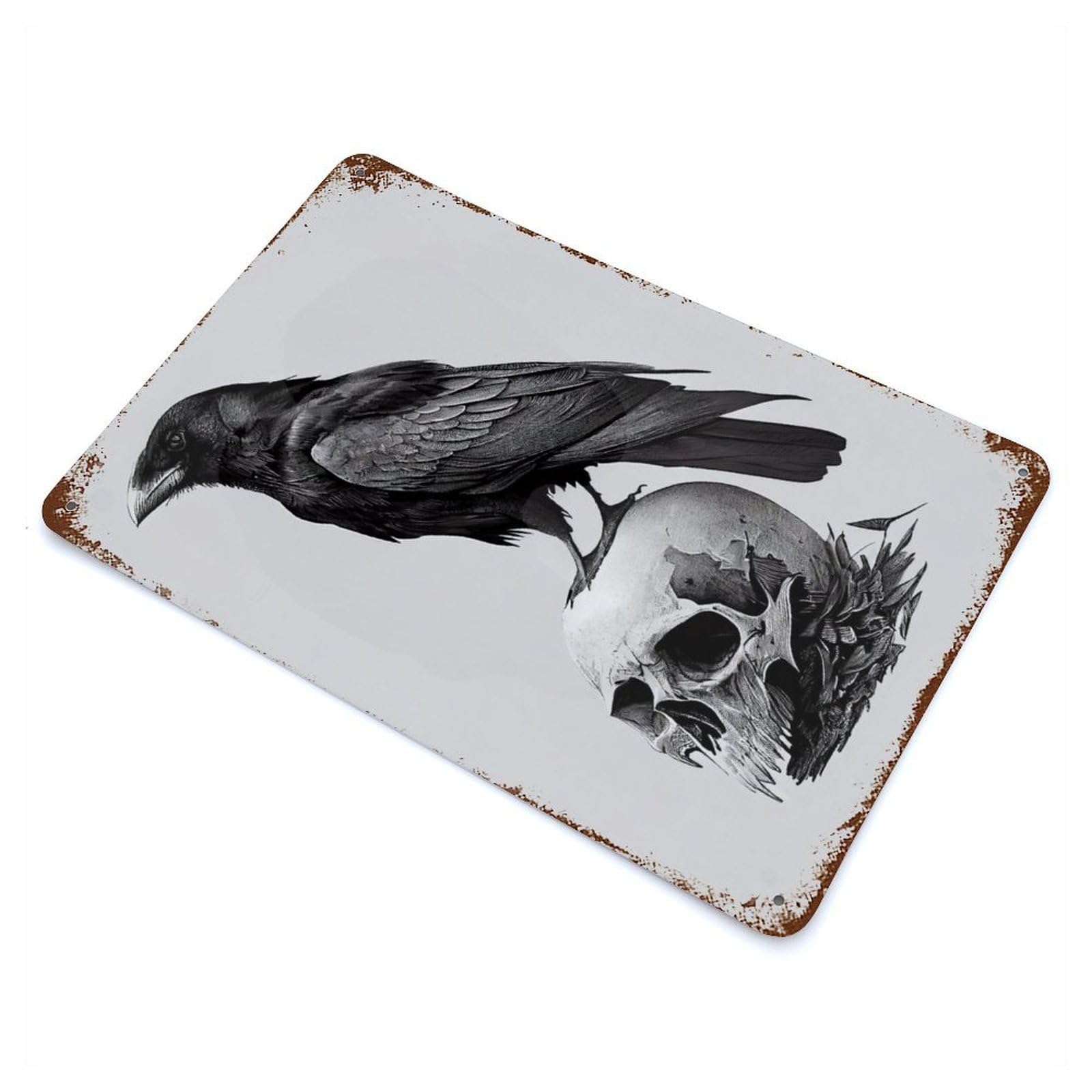 Vintage Rust Metal Sign with Raven Skulls Design 11.8"x7.9", for Garage, Bar And Workshop Decor, Retro Wall Decor