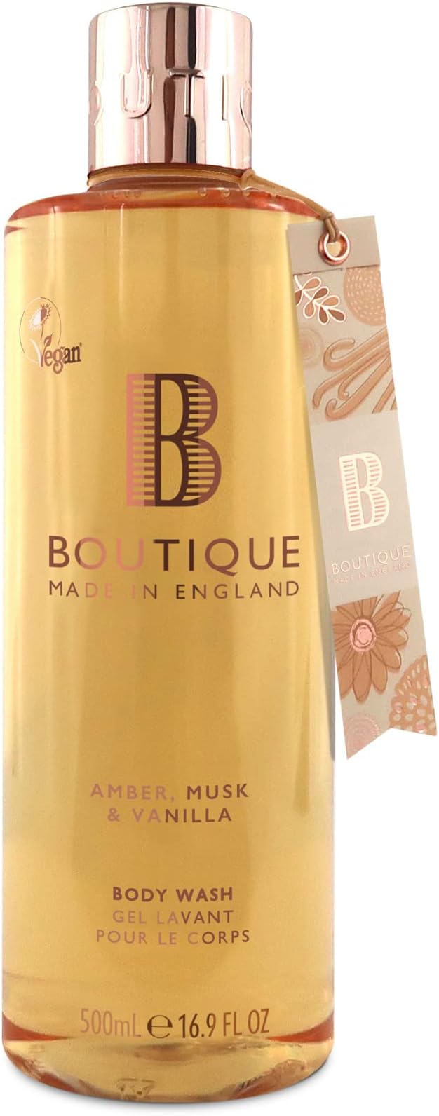 Boutique Amber, Musk & Vanilla Fragrance Refreshing Body Wash 500ml - Relaxing Blend of Essential Oils - Vegan and Cruelty Free, No SLS or Parabens - Made In England