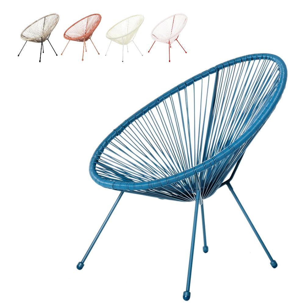 LOLAhome Sillón de jardín Acapulco Azul | Cuerdas de Rattan PE y Acero | 72x77x84 cm | con Topes de Goma, Resistente hasta 120kg | para Interior y Exterior, Jardín, Terraza | Acapulco