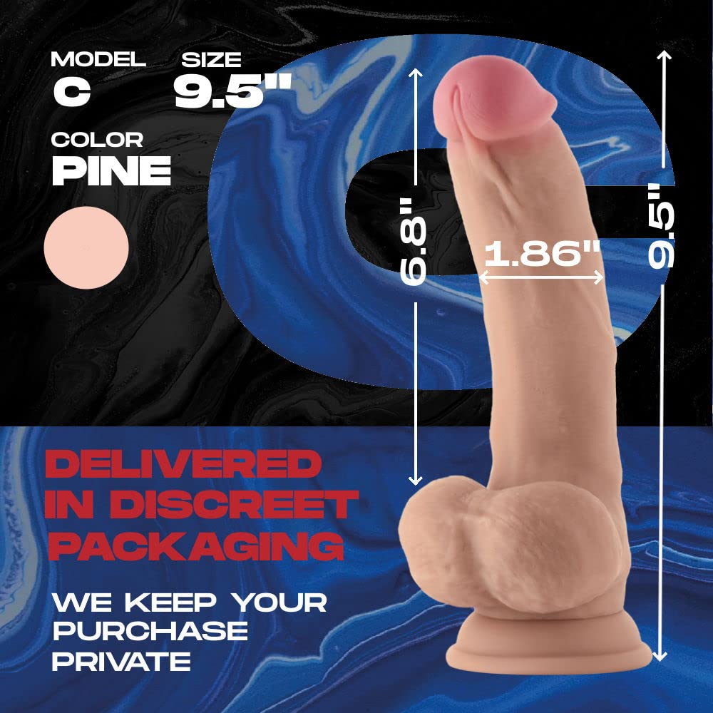 Model C Downward Curved Realistic Dildo with Balls - Dual-Density Liquid Silicone Sex Toys for Women & Men - Harness Compatible Strap On Dildo with Suction Cup - Adult Toys for Couples (9.5" Mahogany): Pine 9.5" Flexiskin Silicone